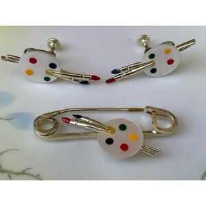 Vintage 1960s Artist Palette MOP Pearl Earrings & Brooch Pin Jewelry Set
